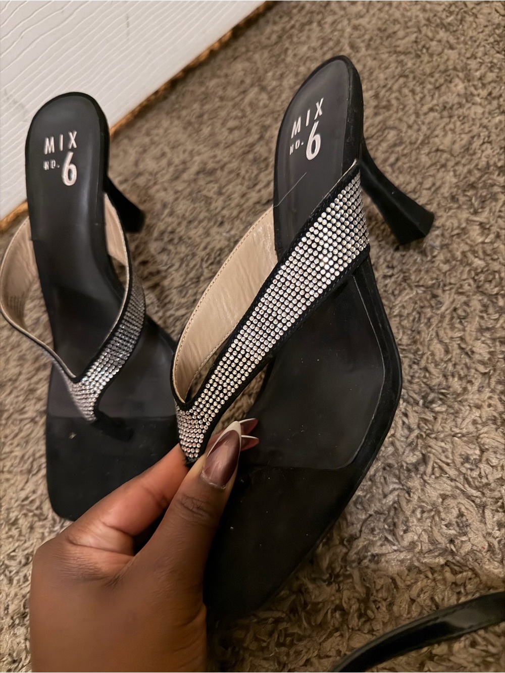 Mix No. 6 Black Rhinestone Thong Heels